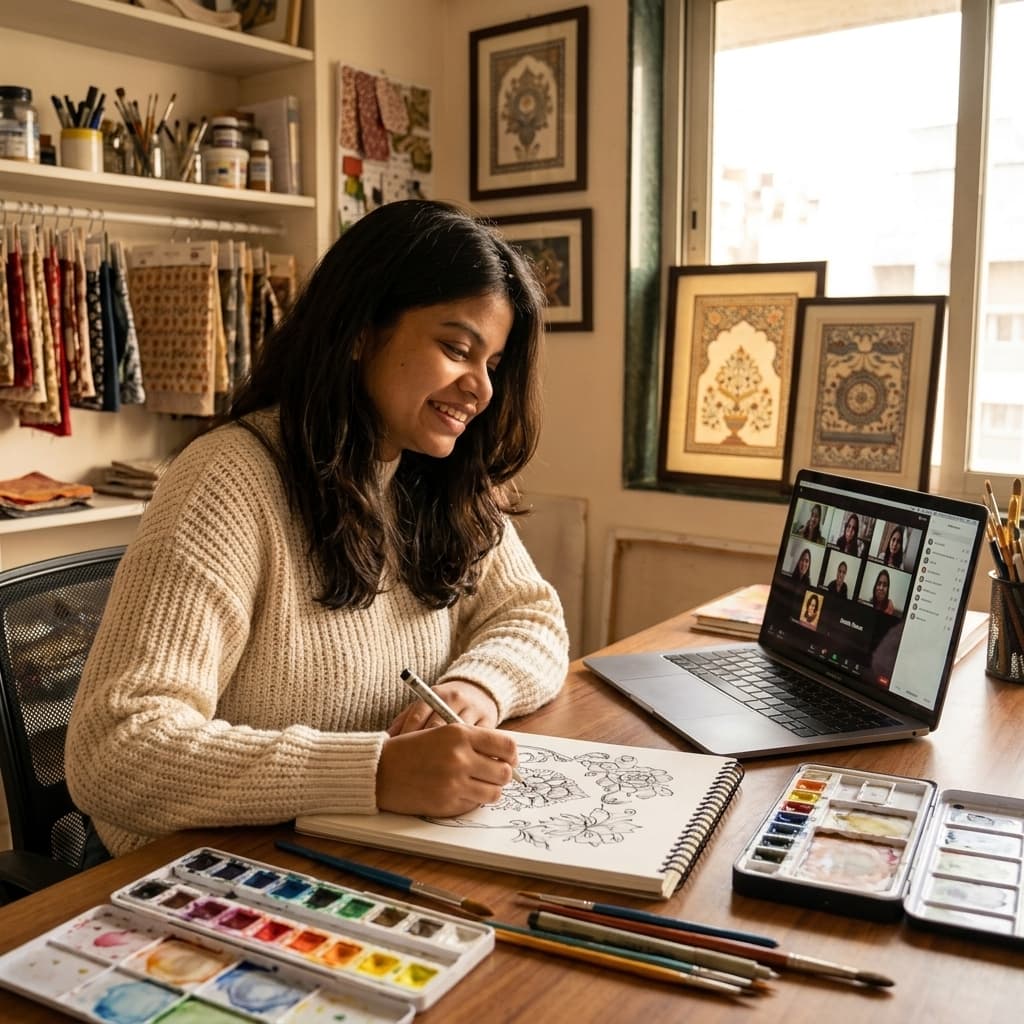 Anjali conducting a live online art workshop from her studio